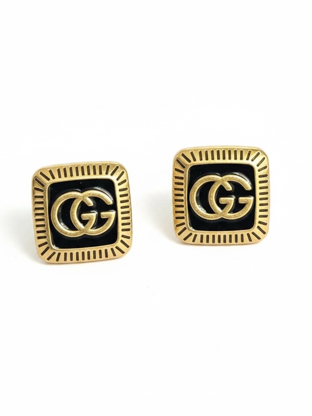 Designer, antique Gold & Black double G Square stud earrings stainless steel new